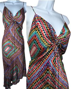 Allsaint Alexia Lucia Rainbow Silk Midi Slip Dress Womens Sz 4 Boho Eclectic